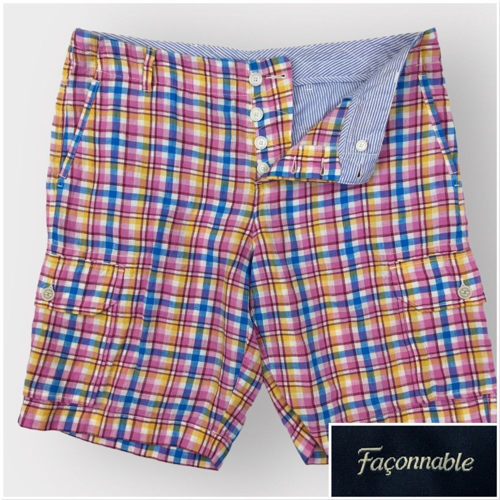 Vintage Faconnable Mens Linen Cargo Shorts Size 36 Multicolor Casual Button Fly‎